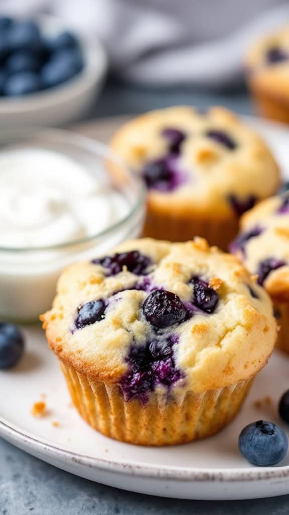 Delicious Cottage Cheese Blueberry Muffins on a plate with fresh blueberries and yogurt