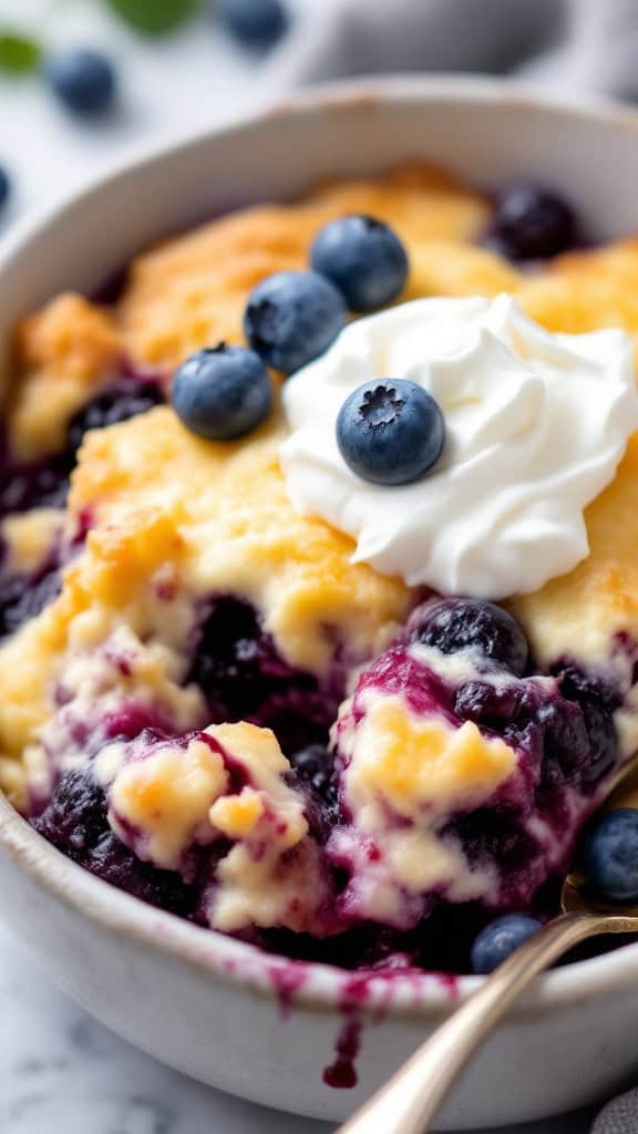 A bowl of Cottage Cheese Blueberry Pudding Bake topped with blueberries and whipped cream.