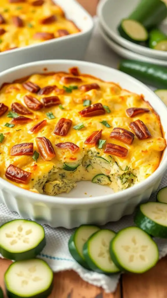 Cottage Cheese Breakfast Casserole with Zucchini served in a dish, garnished with sliced zucchini on the side.