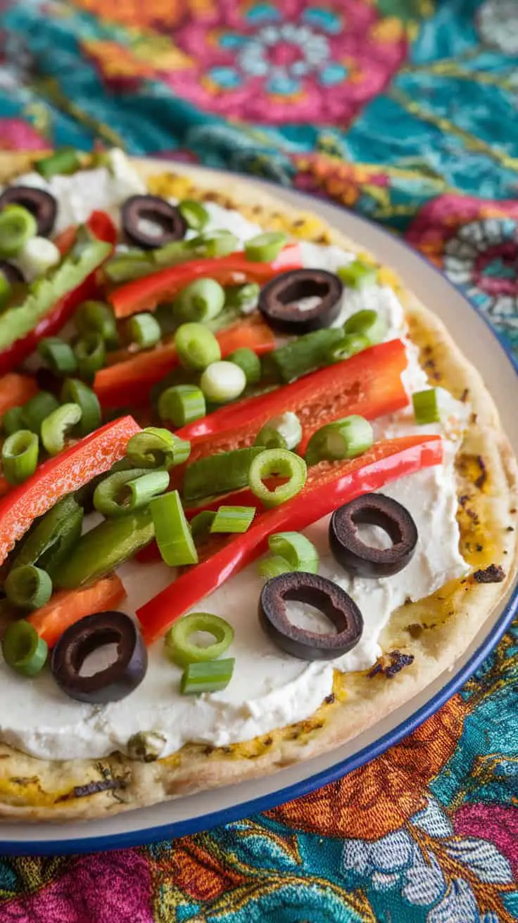 A colorful flatbread topped with cottage cheese, red and green bell peppers, green onions, and black olives on a decorative background.