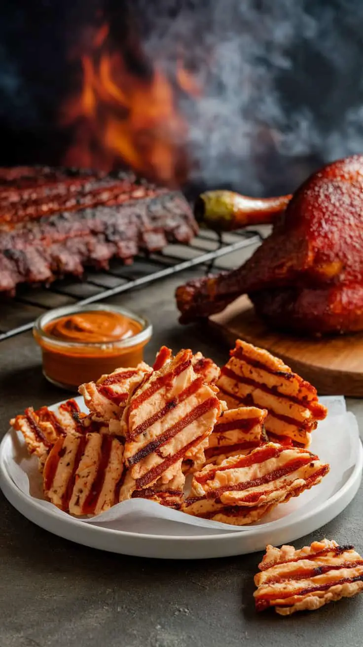 A plate of crispy cottage cheese chips with grill marks, next to a bowl of BBQ sauce and BBQ meat in the background.