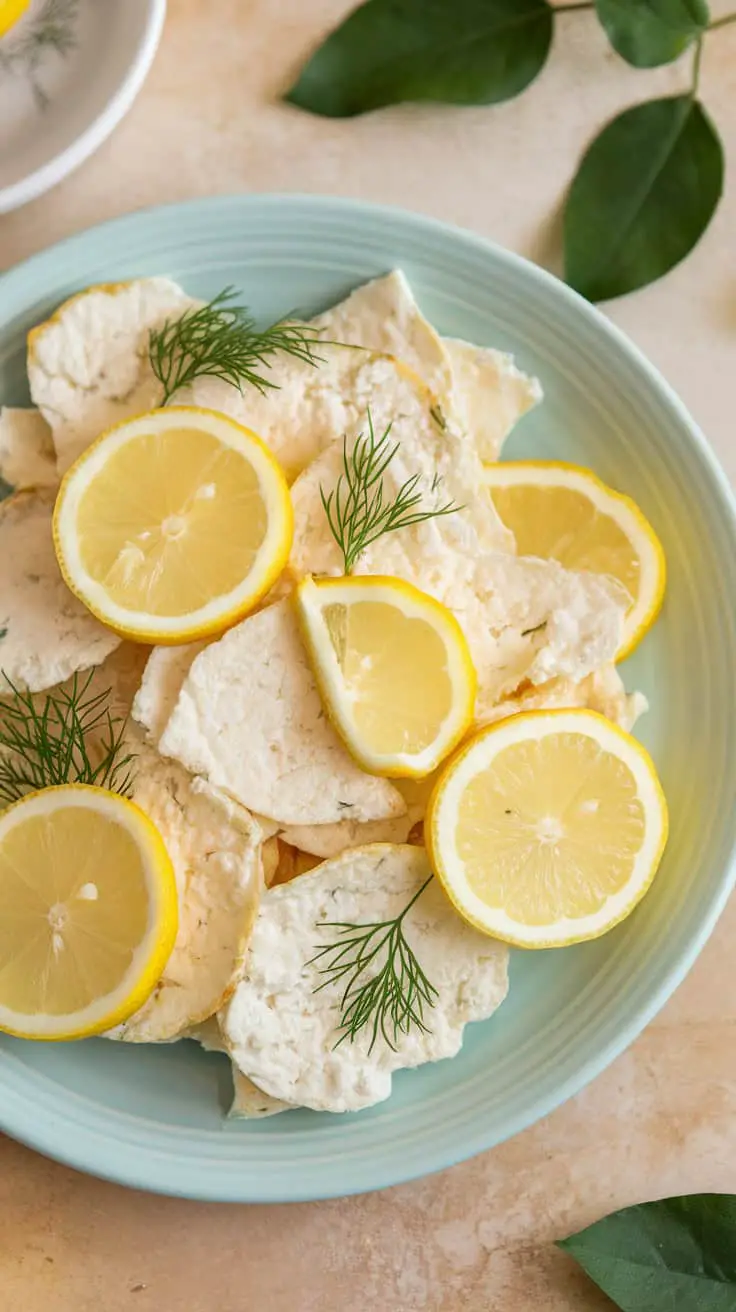 Cottage cheese chips on a plate garnished with lemon slices and dill