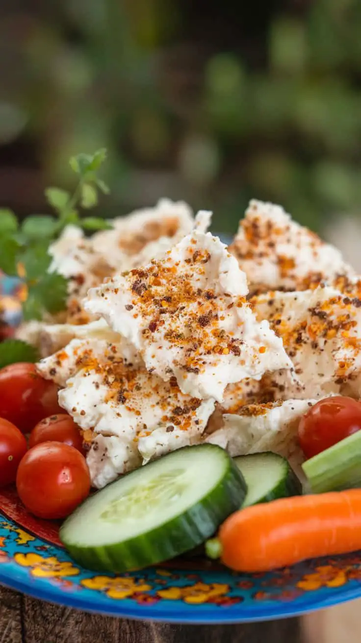Cottage cheese chips topped with everything bagel seasoning, served with fresh vegetables like cucumber, cherry tomatoes, and carrots on a colorful plate.