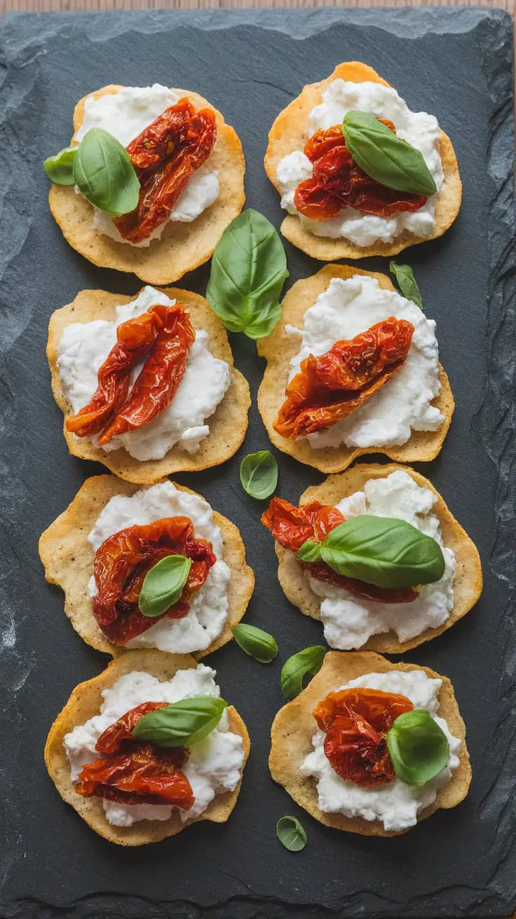 Cottage cheese chips topped with sun-dried tomatoes and basil on a slate board.