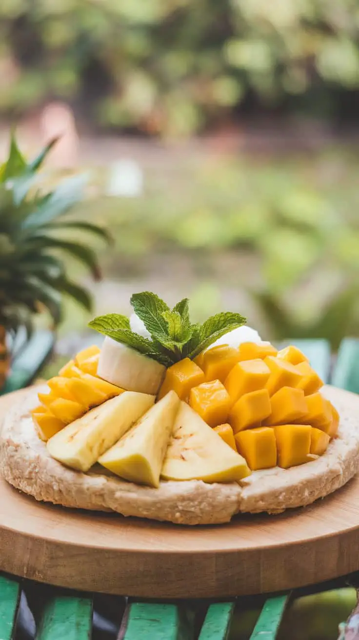 Cottage Cheese Coconut Flour Flatbread topped with fresh fruits like mango and banana on a wooden serving board.
