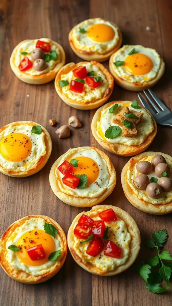 Egg muffins made with cottage cheese, topped with various colorful veggies on a wooden table.