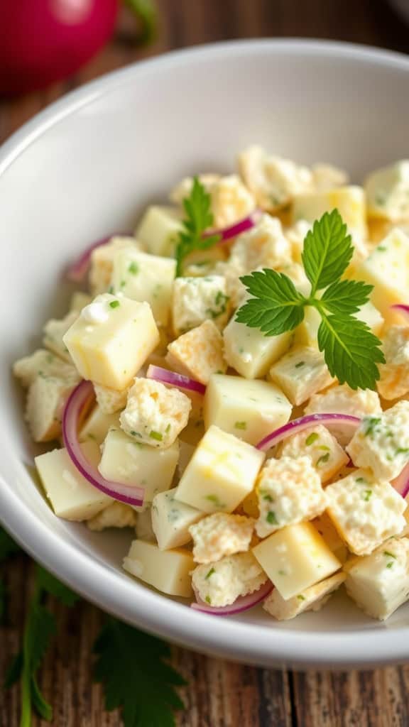 A bowl of cottage cheese egg salad with cucumber and red onion, garnished with herbs.