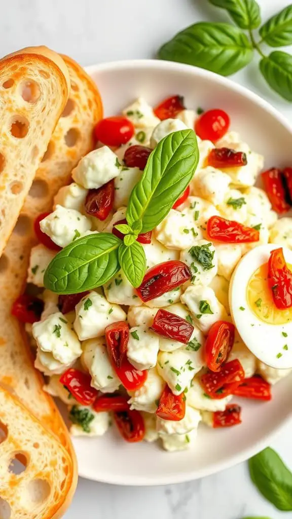 A bowl of cottage cheese egg salad with sun-dried tomatoes and basil, served with slices of bread.