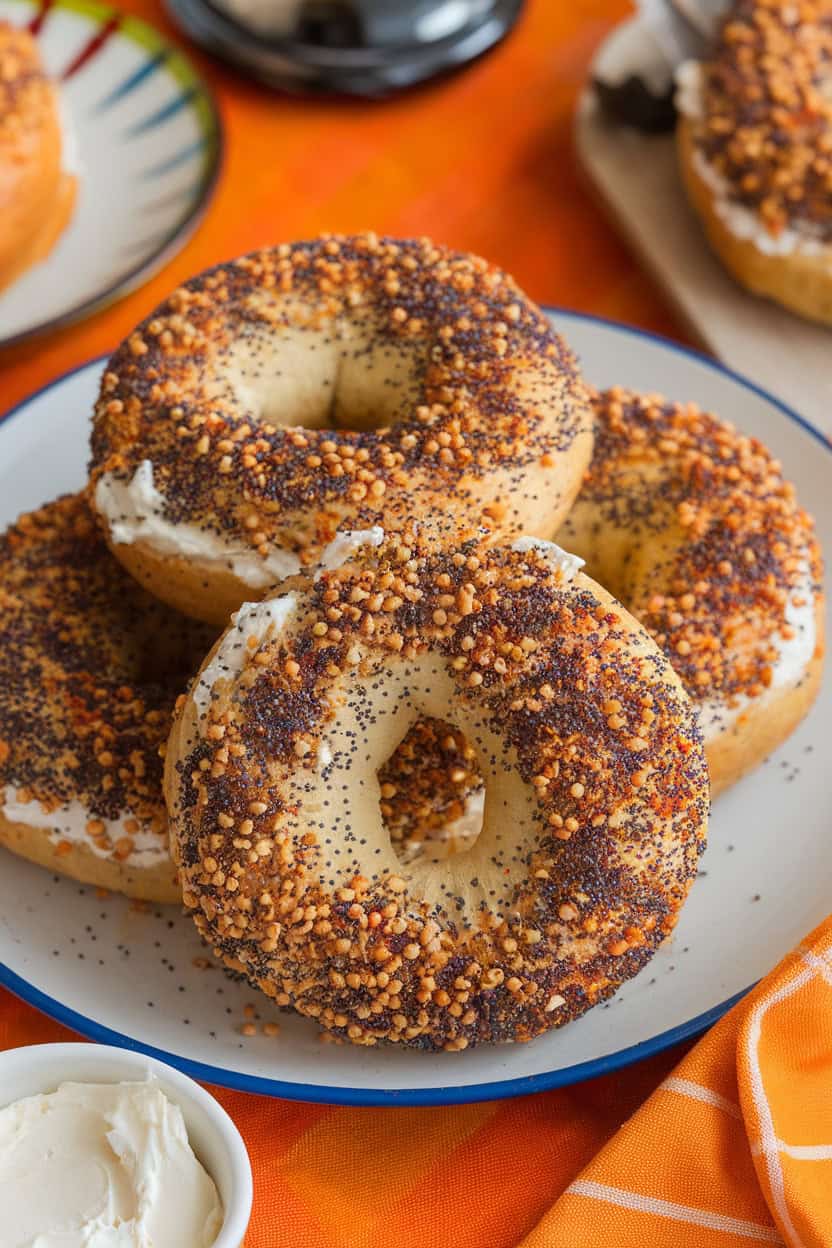 Homemade Cottage Cheese Everything Bagels stacked on a plate with cream cheese.