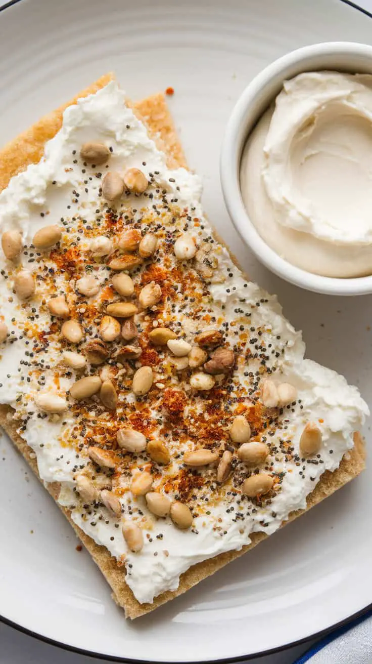 Cottage Cheese Keto Flatbread topped with Everything Bagel seasoning and a bowl of cream cheese on the side.
