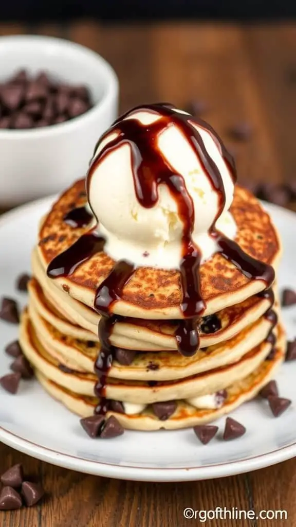 Stack of pancakes topped with ice cream and chocolate sauce, surrounded by chocolate chips.
