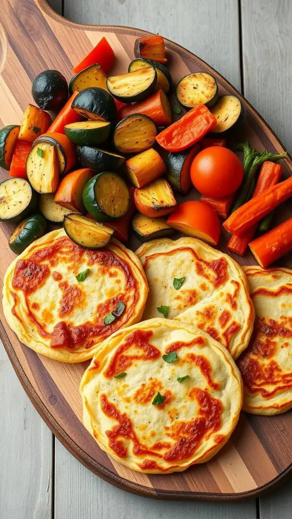 Cottage cheese oven pancakes with a variety of roasted vegetables on a wooden serving platter.