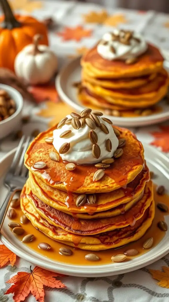Stack of golden pancakes topped with whipped cream, sunflower seeds, and syrup, placed on a rustic table with autumn decorations.