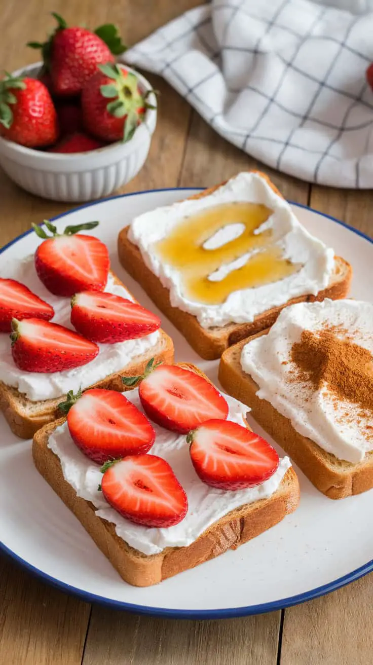 Plate of cottage cheese toast topped with strawberries and honey