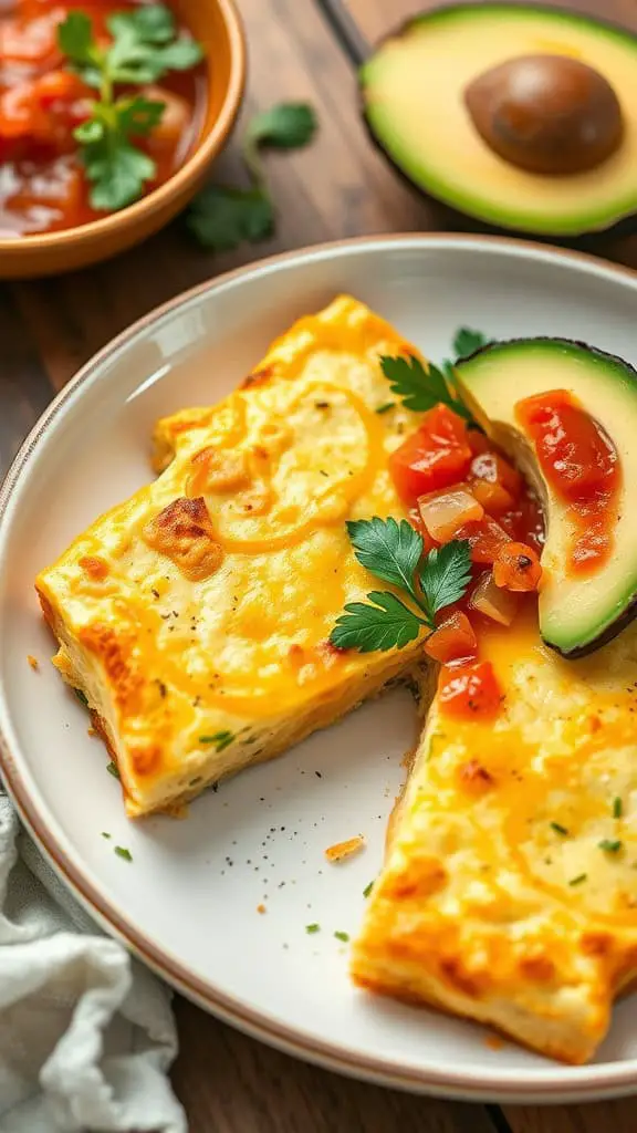 A delicious serving of Cottage Cheese Tortilla Egg Casserole with fresh toppings