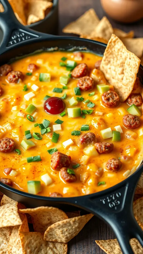 A skillet filled with melted cheese dip topped with sausage bits, green onions, and tortilla chips on the side.