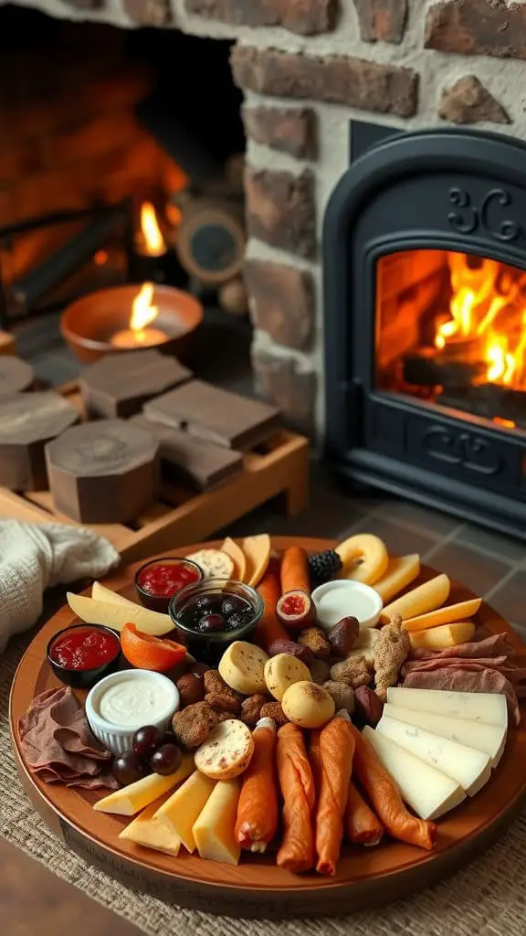 A cozy charcuterie board spread beside a warm fireplace.