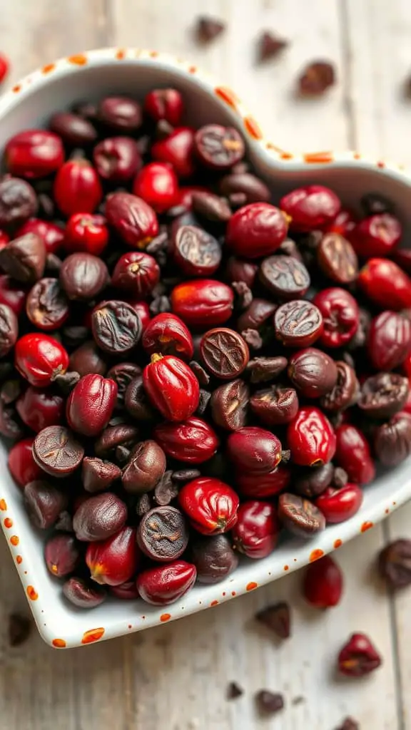 A heart-shaped bowl filled with red cranberries and cocoa nibs.