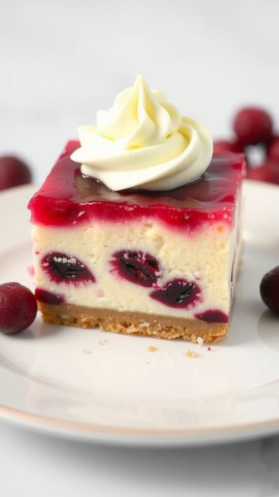 A slice of cranberry cheesecake bar topped with whipped cream on a plate, surrounded by fresh cranberries.