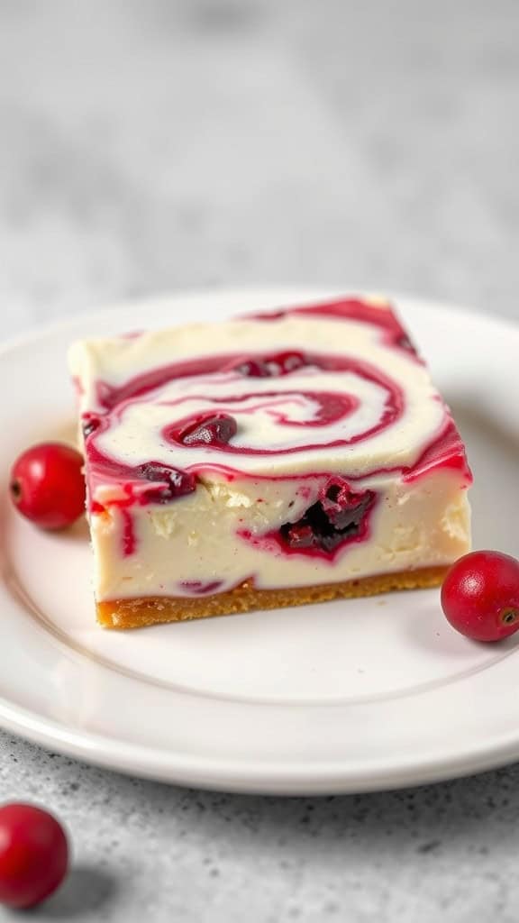 Slice of cranberry cream cheese swirl bars on a plate with fresh cranberries