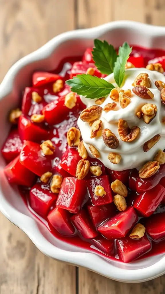 A bowl of cranberry jello salad topped with cream cheese and nuts.