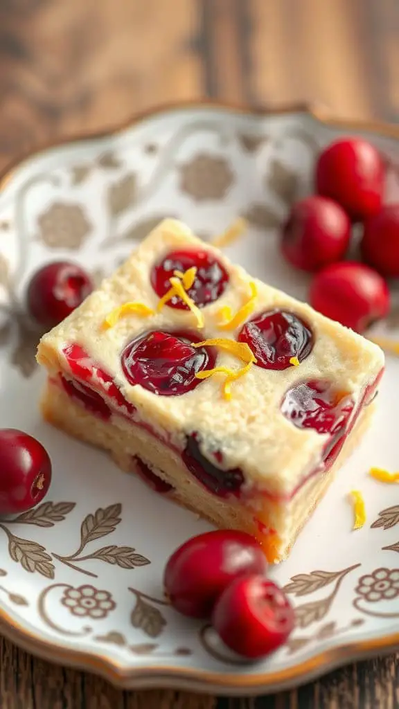 A piece of cranberry lemon shortbread bar topped with lemon zest on a decorative plate with fresh cranberries.