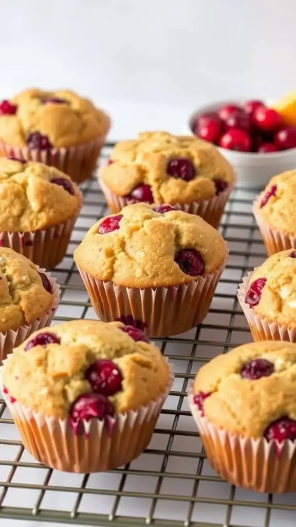 Freshly baked cranberry orange cottage cheese muffins on a cooling rack