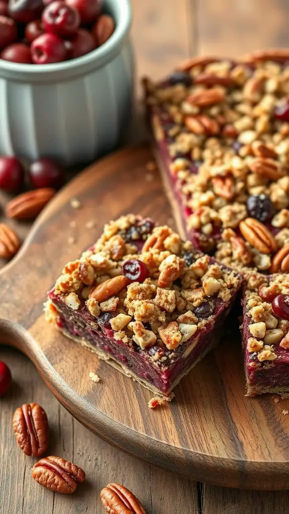 Cranberry pecan streusel bars on a wooden platter with fresh cranberries in a bowl