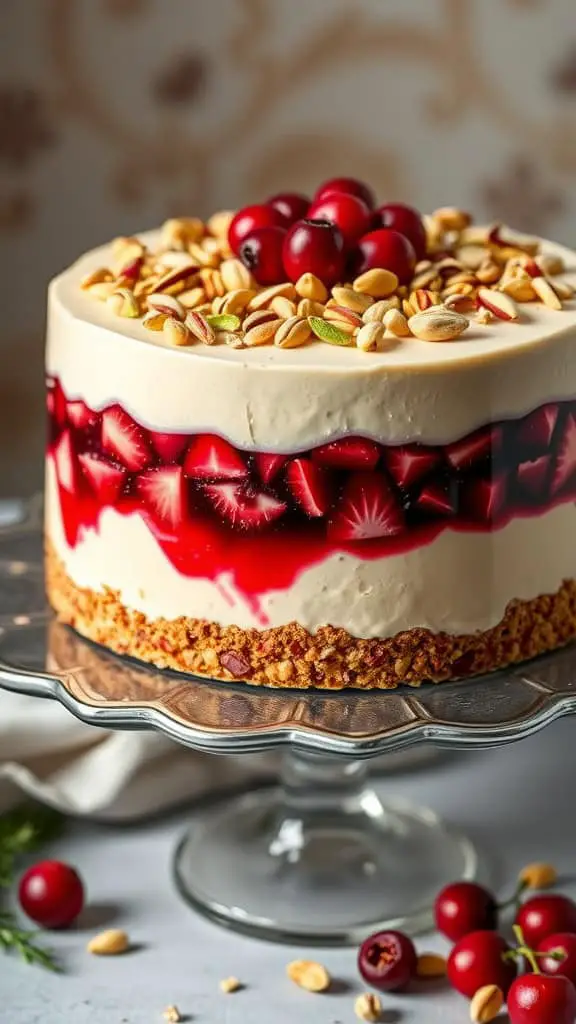 A beautiful Cranberry Pistachio Jello Torte with layers of red jello and cream, topped with nuts and cranberries.