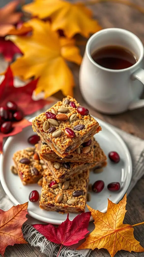 A stack of Cranberry Pumpkin Seed Breakfast Bars on a white plate, surrounded by autumn leaves and a cup of coffee.