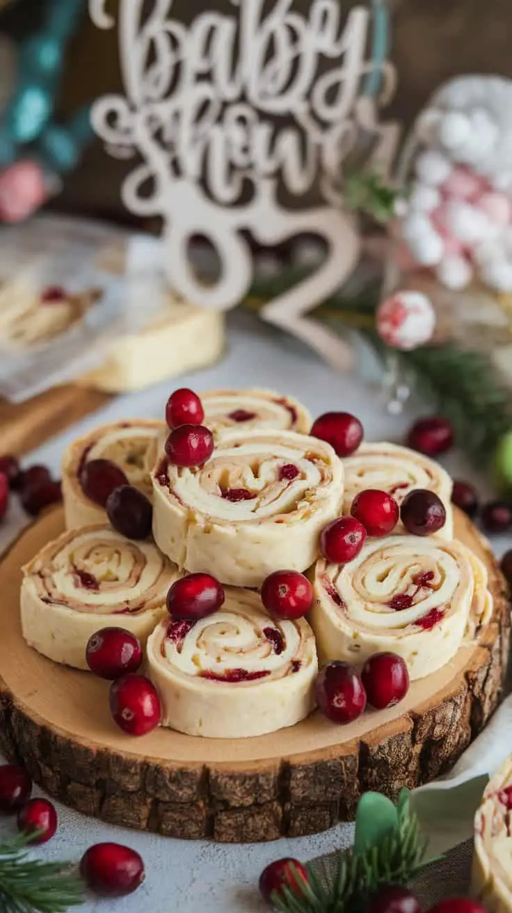 Cranberry Walnut Goat Cheese Pinwheels arranged on a wooden platter with cranberries, set against a festive background.