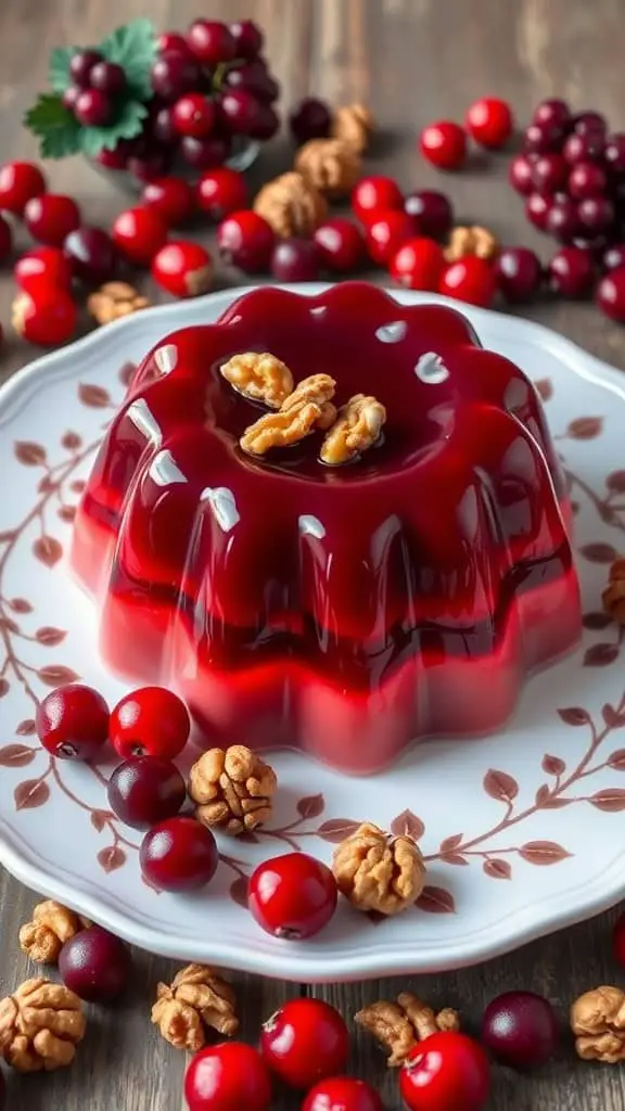 A vibrant cranberry walnut jello mold surrounded by fresh cranberries and walnuts.