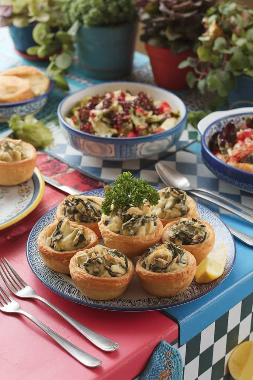 A platter of creamy artichoke and spinach puff pastry cups with fresh salads and lemon on the table.