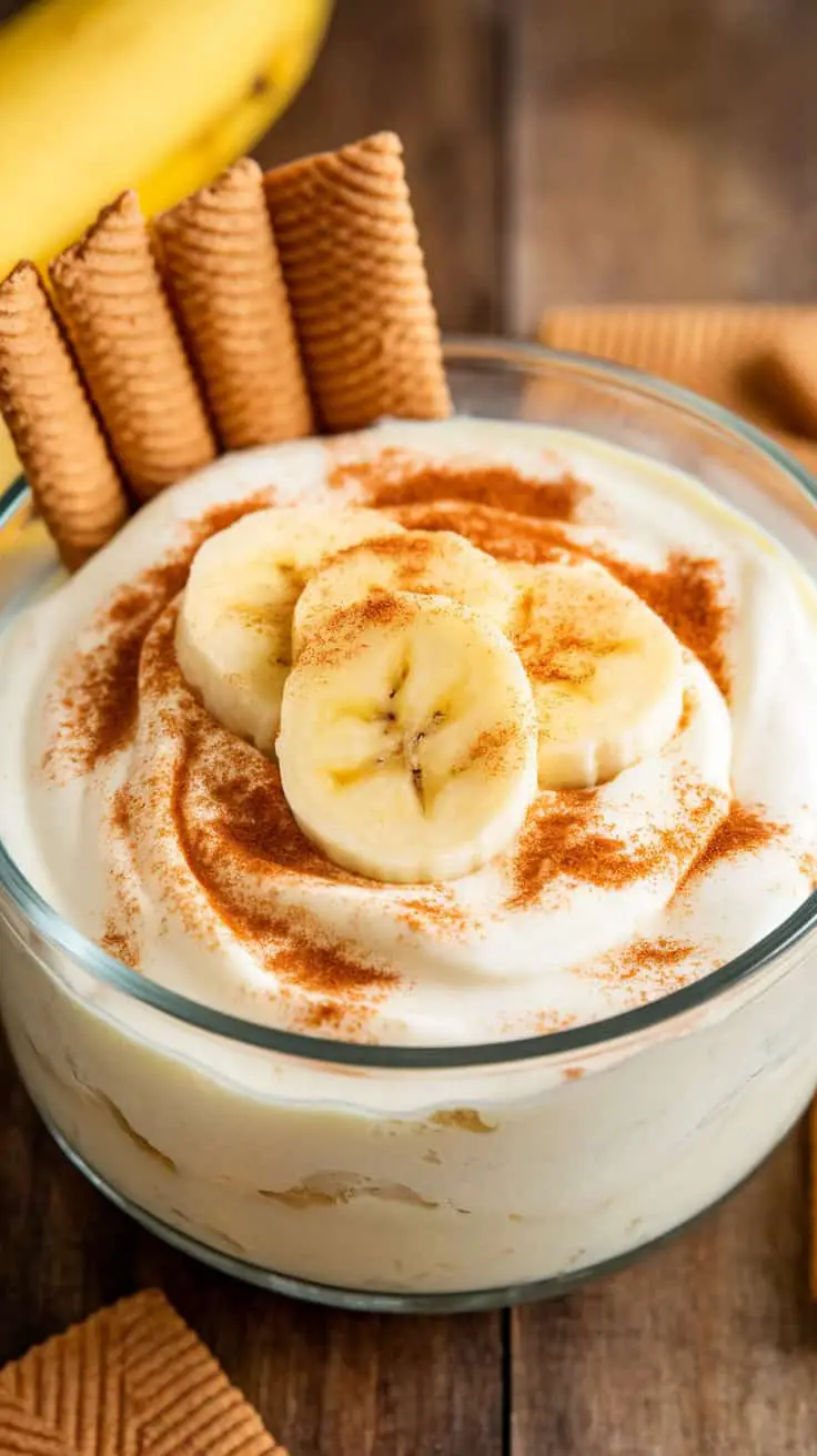 A bowl of creamy banana pudding topped with banana slices and cinnamon, alongside crispy wafers.