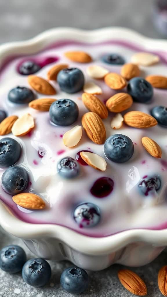 A close-up view of creamy dessert topped with blueberries and almonds in a white dish.