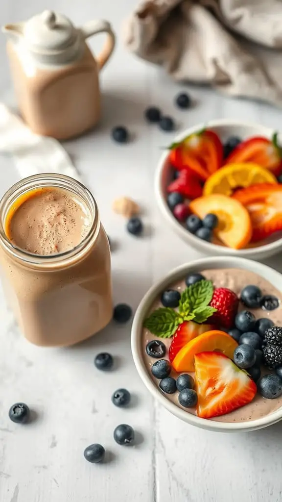 A jar of creamy cashew and date coffee creamer with a bowl of fresh fruits