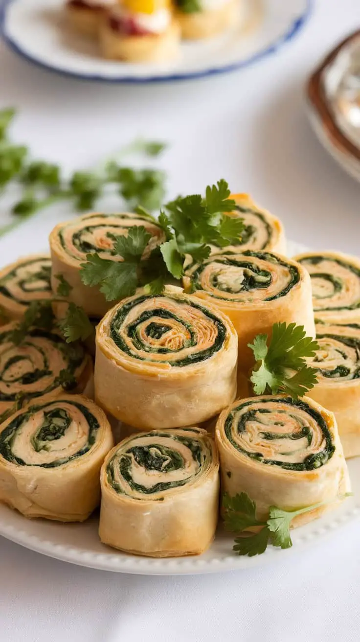 A platter of sliced creamy chicken and spinach pinwheels garnished with cilantro.