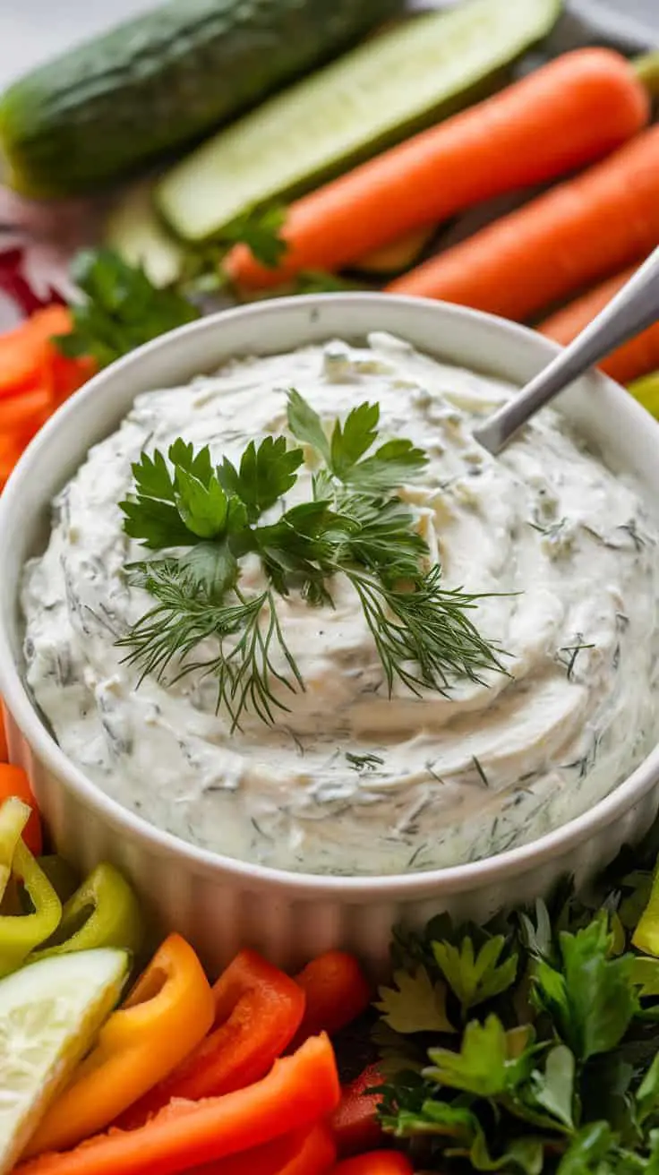 A creamy cottage cheese and herb veggie dip surrounded by fresh vegetables