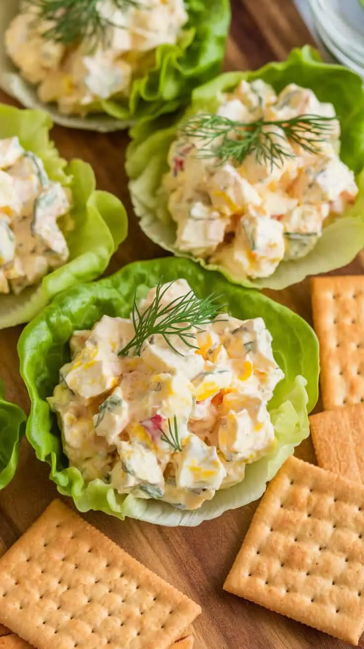 A delicious creamy cottage cheese egg salad served in lettuce cups with crackers on the side.