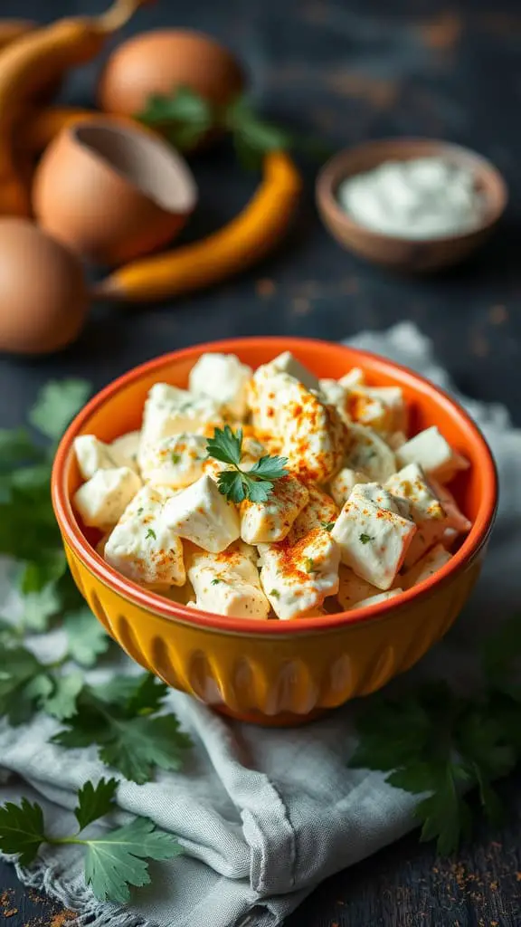 A creamy cottage cheese egg salad garnished with curry powder and fresh cilantro in a vibrant orange bowl, surrounded by ingredients.