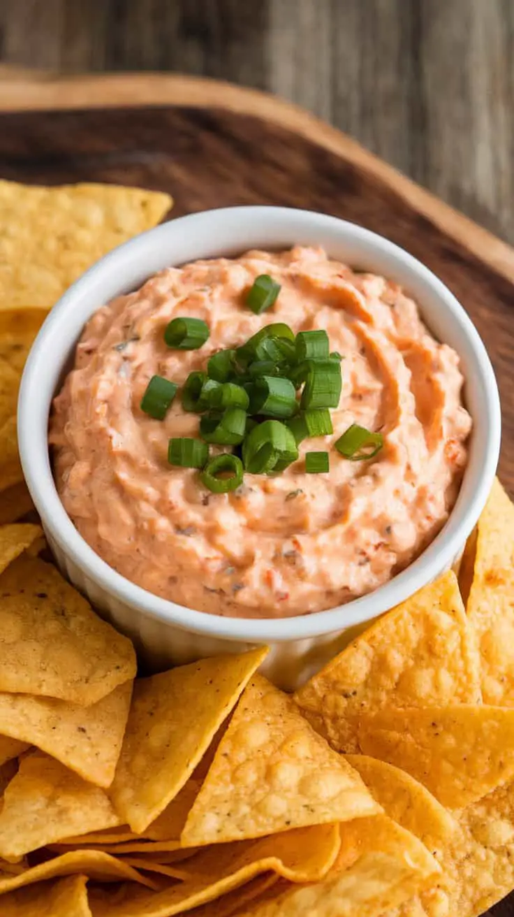 Creamy cottage cheese queso dip in a white bowl topped with green onions, surrounded by tortilla chips.