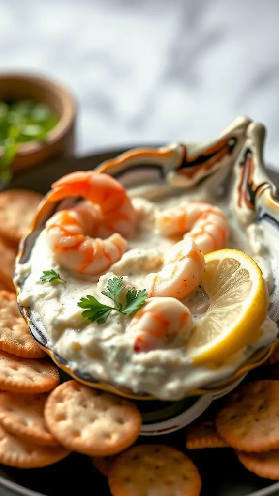 A creamy crab and shrimp dip served in a decorative bowl with crackers on the side.