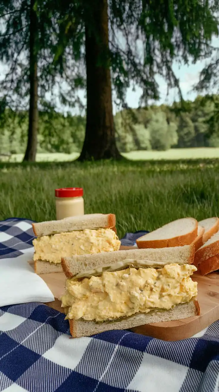 Egg salad sandwiches on a picnic blanket in a sunny outdoor setting