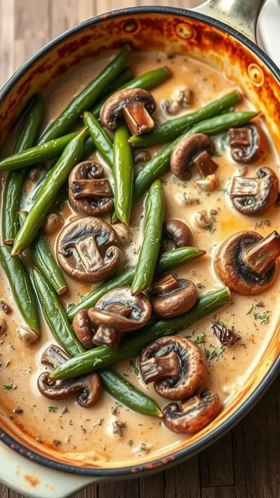 A pot of creamy green bean and mushroom bake with fresh green beans and sliced mushrooms in a creamy sauce.