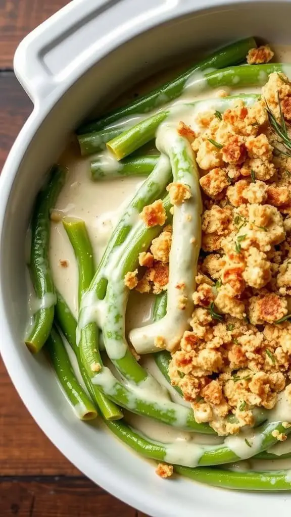 A creamy green bean casserole with crispy topping in a white dish