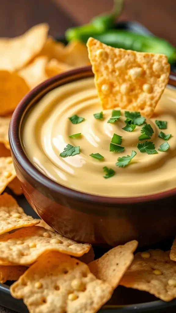 A bowl of creamy jalapeño corn dip surrounded by tortilla chips, garnished with cilantro.