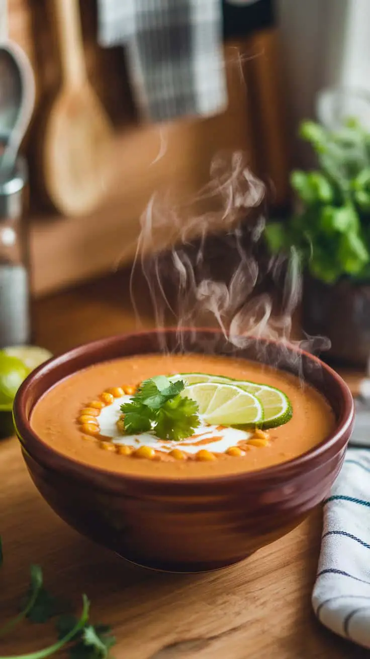 A steaming bowl of creamy Mexican corn soup garnished with lime slices and cilantro.