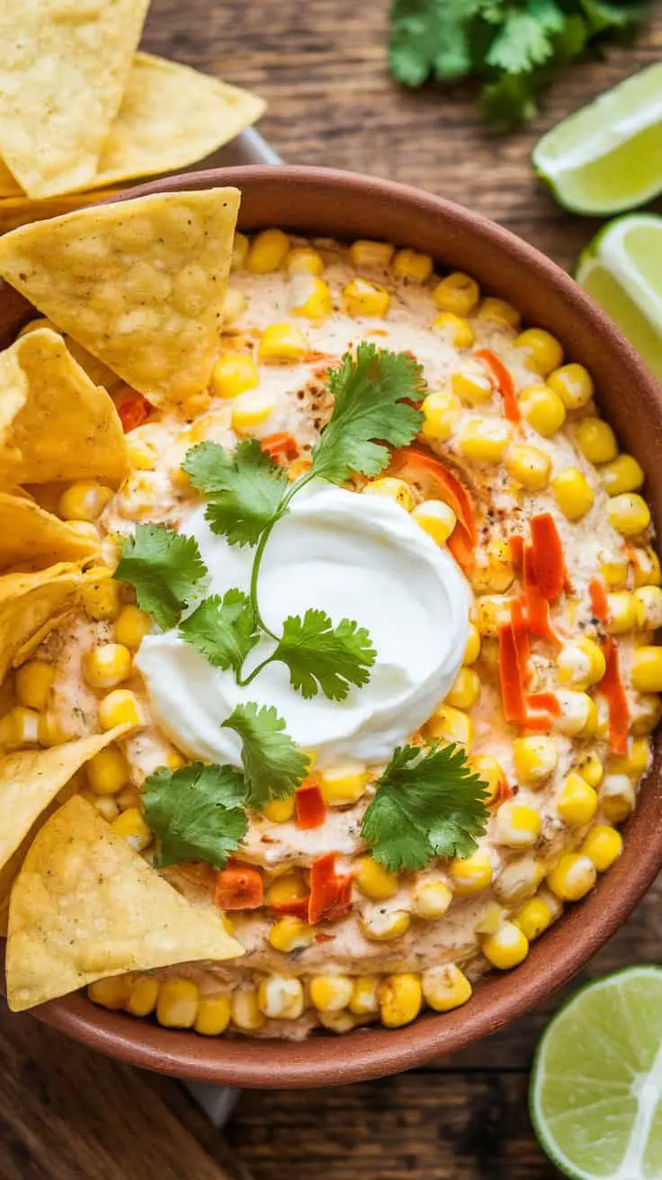 A bowl of creamy Mexican street corn dip surrounded by tortilla chips, garnished with cilantro and red pepper.