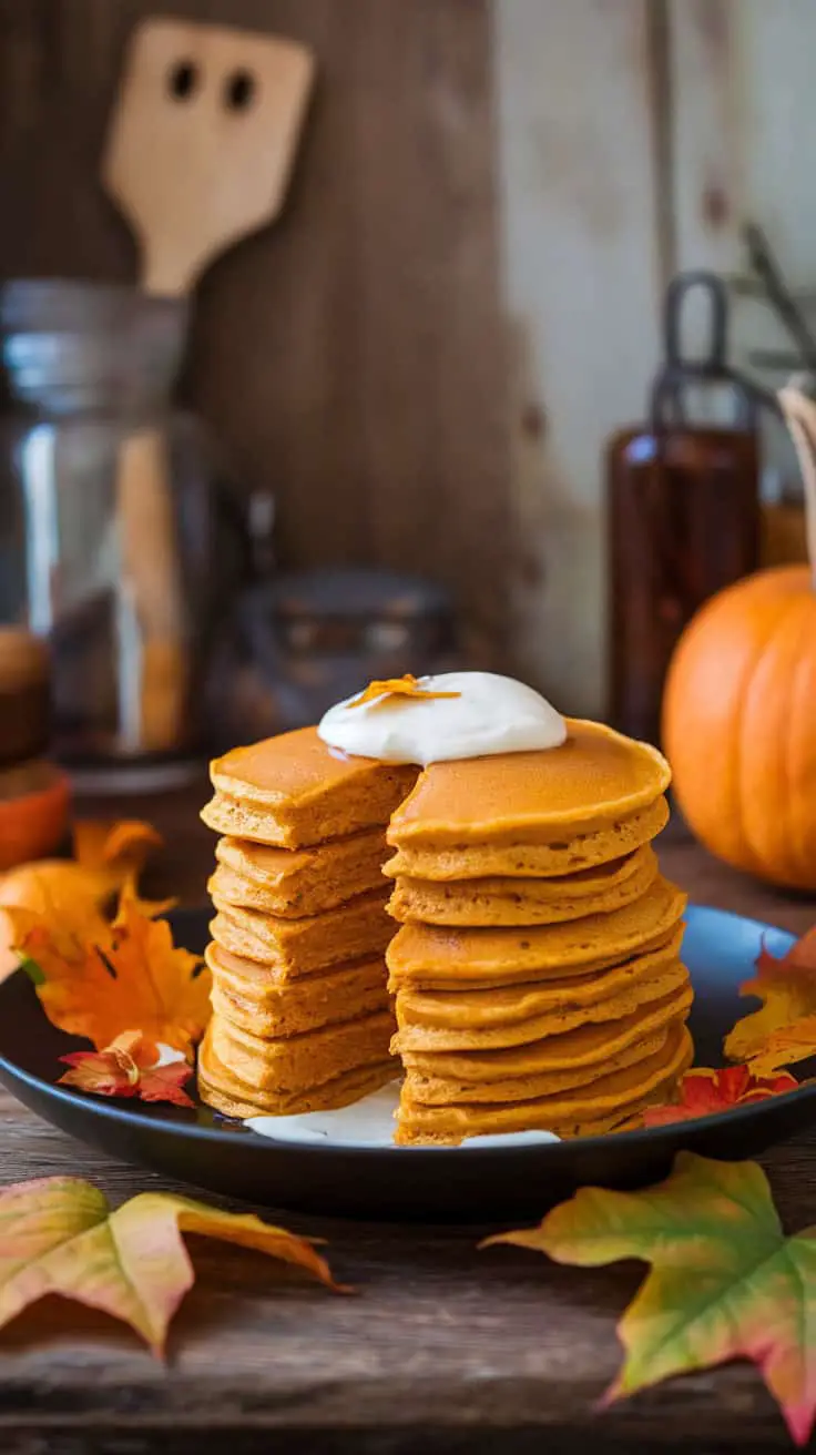 Stack of creamy pumpkin pancakes with a dollop of cream and autumn leaves