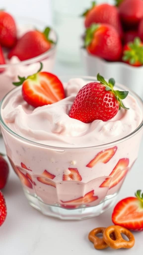 A bowl of creamy strawberry pretzel Jello salad topped with a fresh strawberry